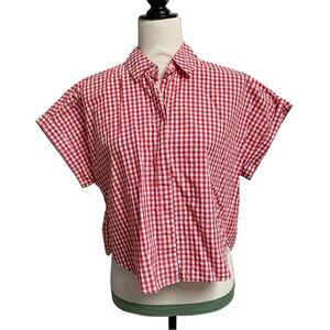 Weekday Stella Gingham Blouse XS Red White Check Cropped Boxy Cotton Shirt